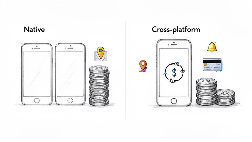 Native ve çapraz platform mobil uygulama geliştirme maliyetlerini gösteren iki telefon ve madeni paraların karşılaştırmalı çizimi.