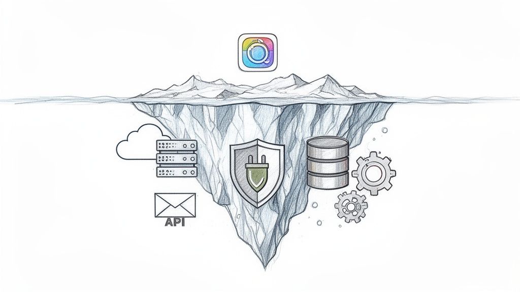 Mobil uygulamanın görünen yüzü ile arkasındaki sunucu, veritabanı ve API gibi altyapıyı gösteren bir buzdağı metaforu.