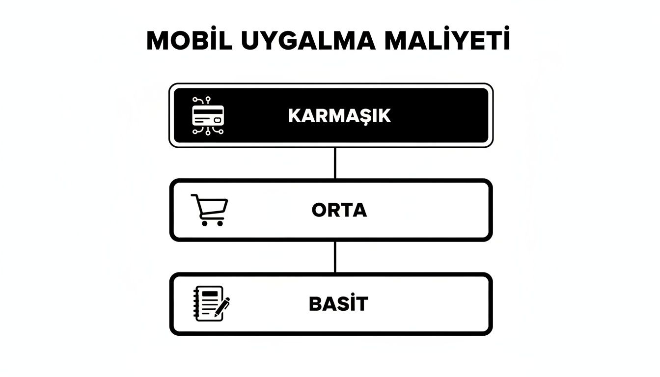 Mobil uygulama geliştirme maliyetlerinin karmaşıklığa göre (karmaşık, orta, basit) sınıflandırılmasını gösteren şema.