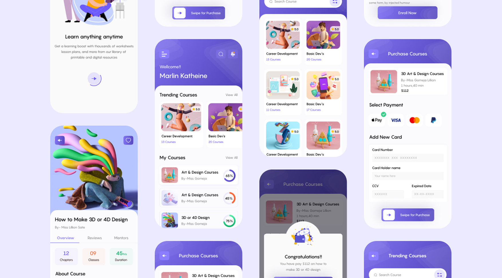 İpek Yazılım'ın profesyonel UI/UX tasarım anlayışını yansıtan, mor tonlarında, modern 3D görsellerle zenginleştirilmiş kapsamlı bir mobil eğitim uygulaması arayüzü tasarımı.