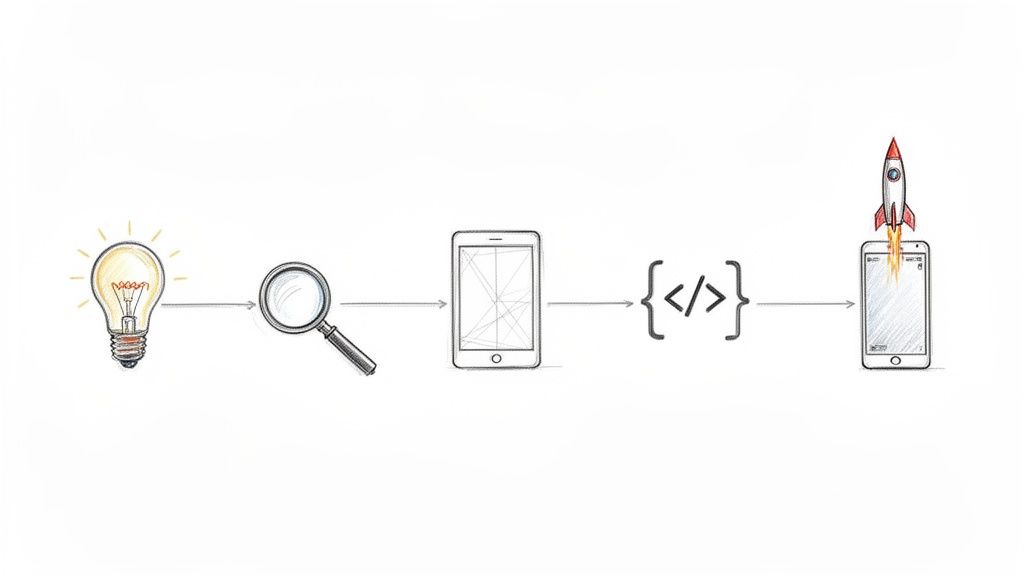 Fikir aşamasından başlayarak araştırma, tasarım, kodlama ve mobil uygulama yayınlama sürecini gösteren bir çizim.