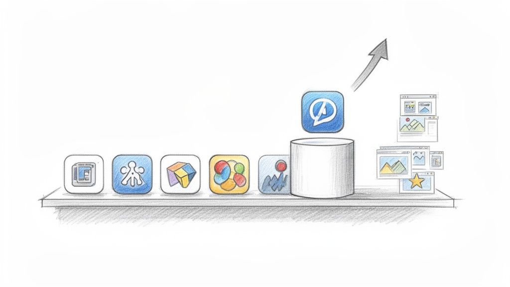 Mobil yazılım geliştirme sürecinin aşamalarını gösteren eskiz: uygulama ikonları, platform ve yayın çıktıları.