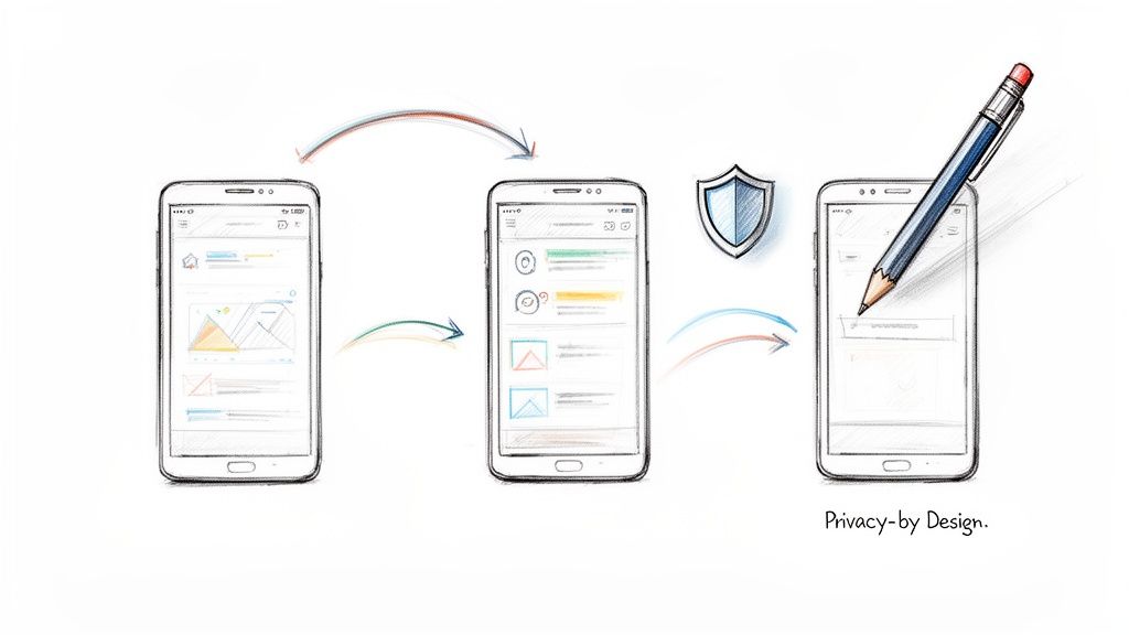 Gizlilik odaklı mobil yazılım geliştirme sürecini adım adım gösteren şematik çizim.