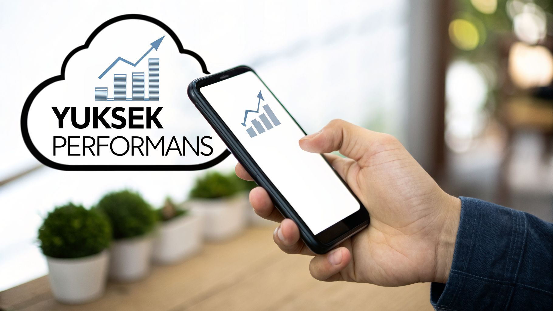 Akıllı telefon tutan bir el, YÜKSEK PERFORMANS yazılı bulut ve yükseliş grafikleriyle başarıyı temsil ediyor.