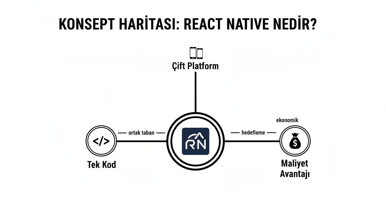 React Native nedir kavram haritası; çift platform, tek kod ve maliyet avantajı gibi temel özelliklerini gösterir.