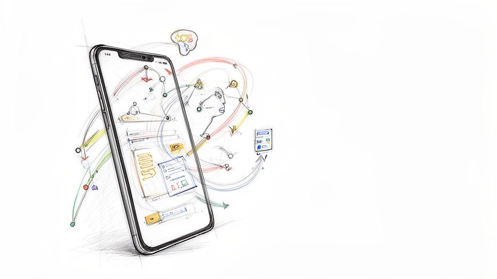 Mobil uygulama geliştirme ve kullanıcı deneyimini gösteren, soyut şemalarla çevrili bir akıllı telefon çizimi.