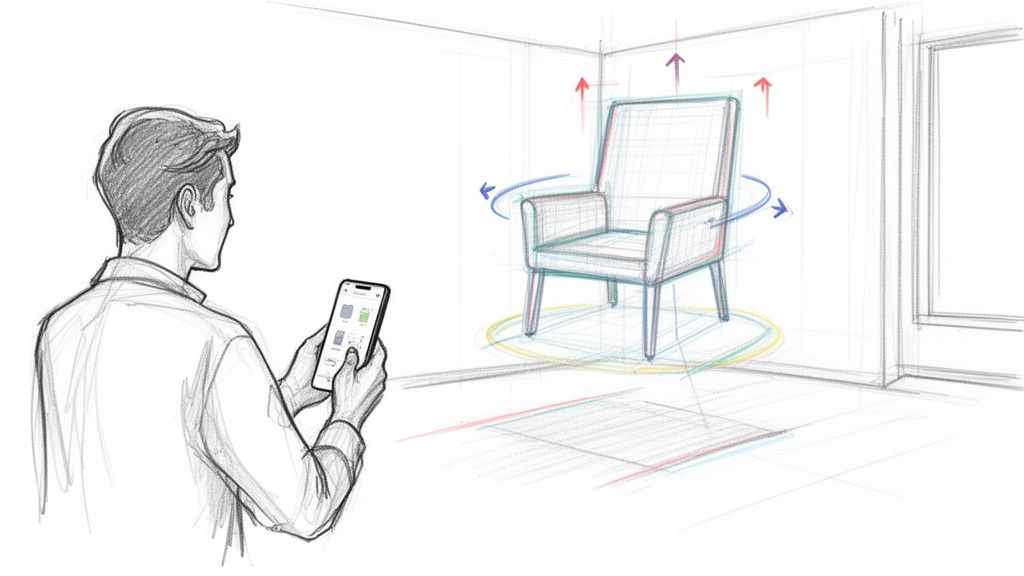 Bir kişi akıllı telefonuyla sanal bir koltuğu odasına yerleştirip boyutunu ve yönünü ayarlayarak artırılmış gerçekliği kullanıyor.