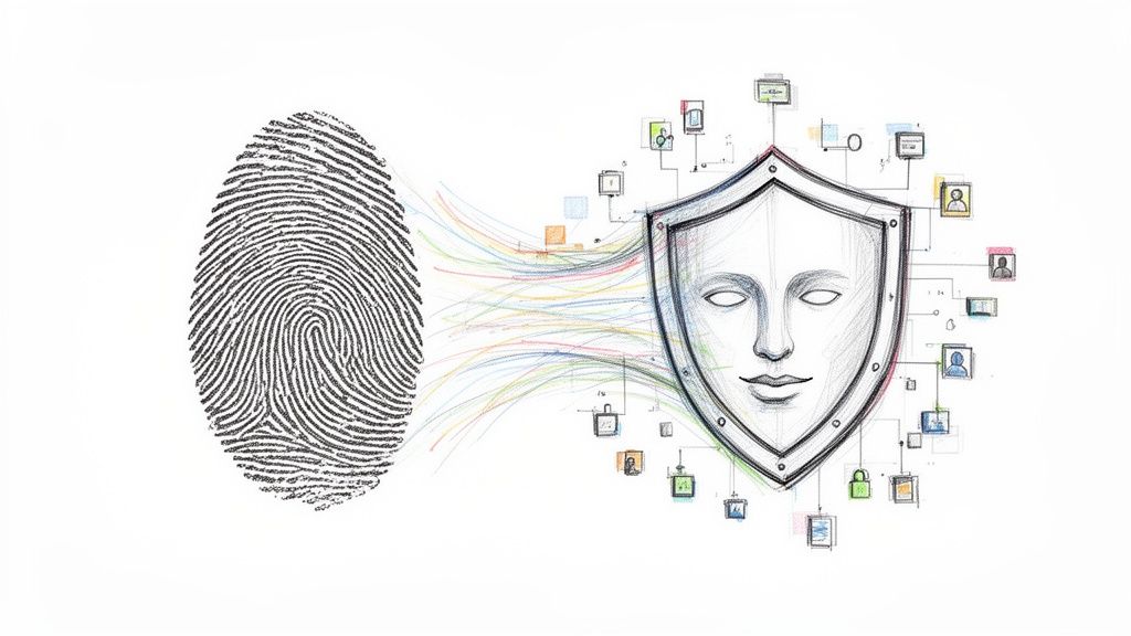 Parmak izi, kişisel verileri temsil eden renkli çizgilerle bir kalkan ve maskeye bağlı, dijital gizliliği ve güvenliği simgeliyor.