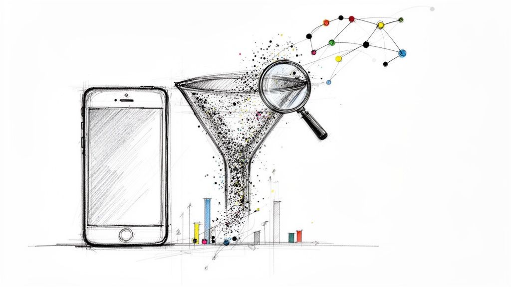 Akıllı telefondan veri akışını, huniden geçişini, büyüteçle incelenmesini ve grafiklere dönüşümünü gösteren illüstrasyon.