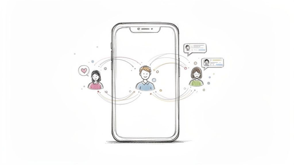 Akıllı telefon merkezli bir sosyal ağ veya iletişim uygulamasını gösteren bir çizim. Erkek kullanıcı ortada, iki kadın kullanıcı etkileşim halinde.