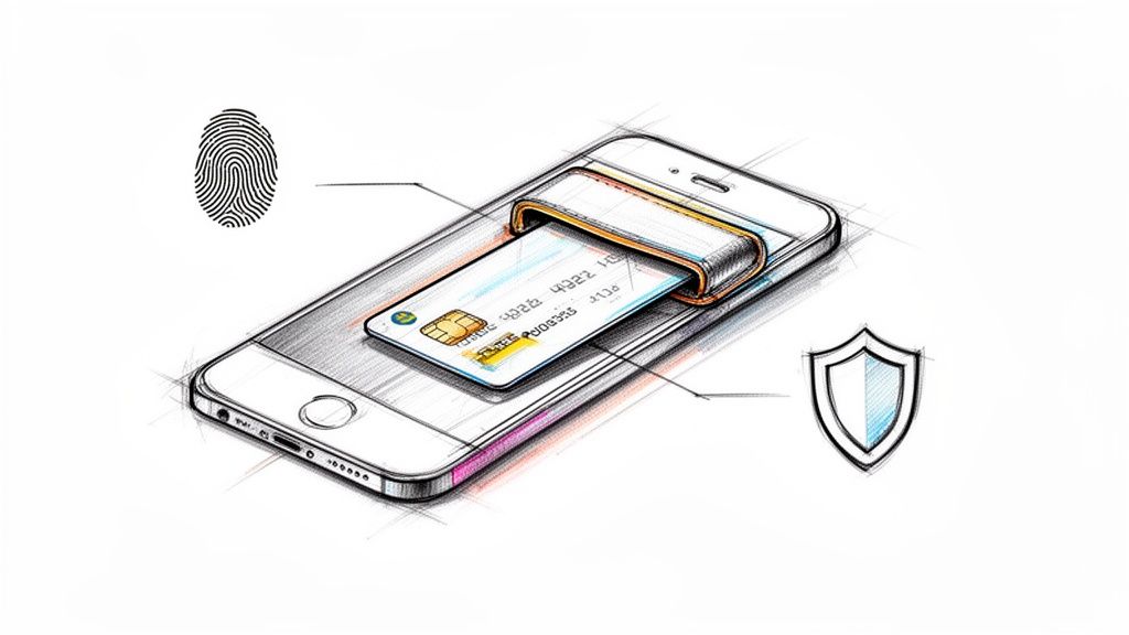 Mobil ödeme güvenliği konseptini gösteren bir çizim: akıllı telefon, kredi kartı, parmak izi ve kalkan simgesi.