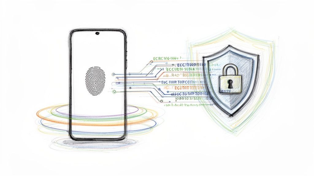 Parmak izi tanımalı akıllı telefon, devre hatları ve kilitli kalkanla gösterilen mobil güvenlik konsepti.
