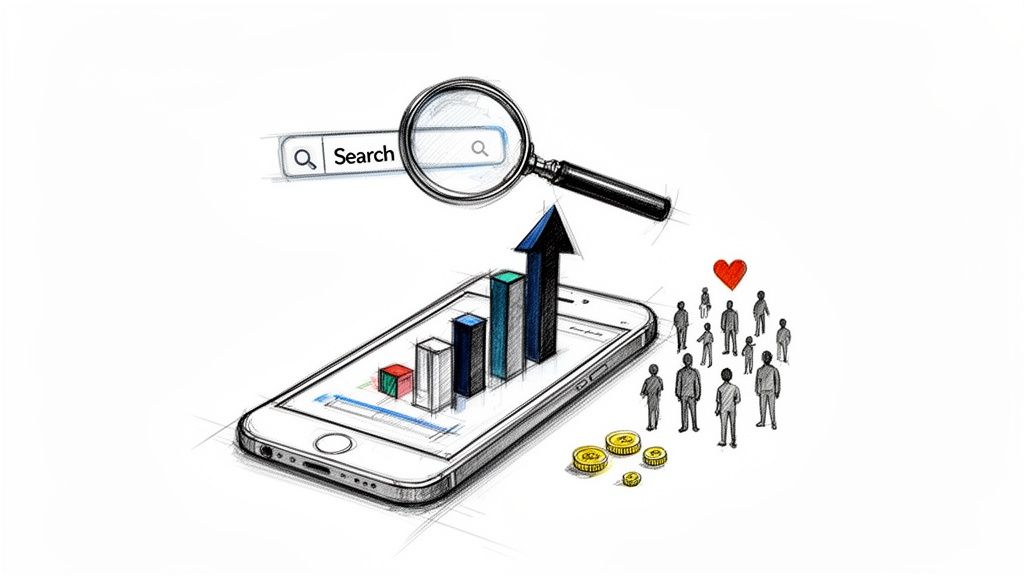 Arama motoru optimizasyonu ve uygulama mağazası başarısını gösteren çizim. Büyüyen grafik, insanlar ve kazançları simgeliyor.