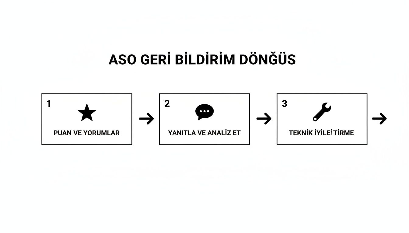 ASO geri bildirim döngüsünü gösteren bir şema. Puanlar, yorumlar, yanıtlama, analiz ve teknik iyileştirme adımları.