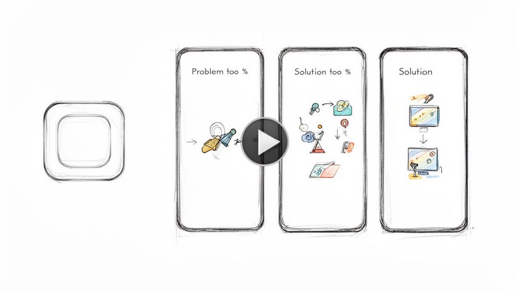 Uygulama geliştirme sürecini gösteren eskiz: sorun tespiti, çeşitli çözümler ve nihai çözüm.