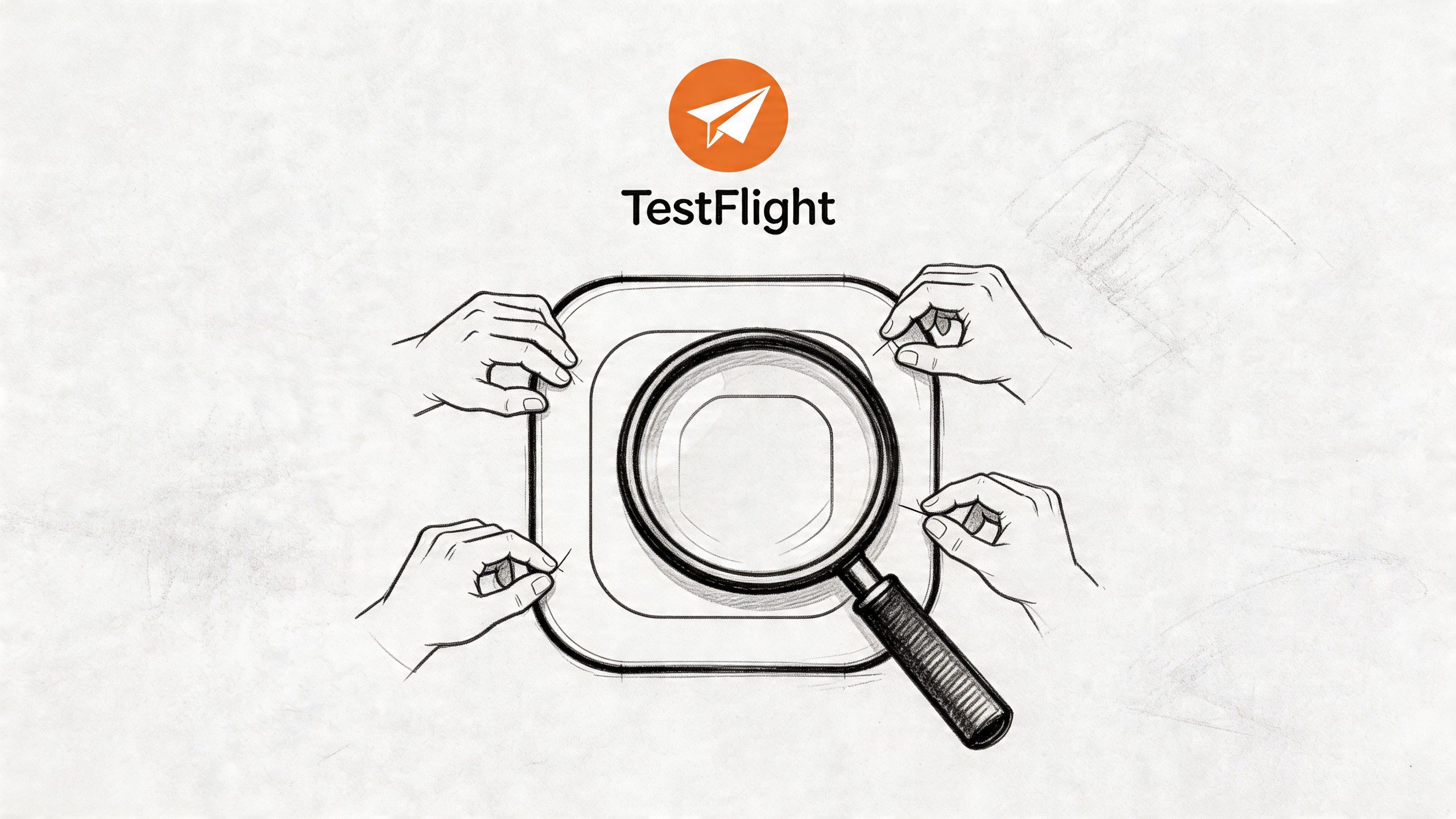TestFlight logosunun altında büyüteçle incelenen bir uygulama simgesi tutan dört elin çizimi.