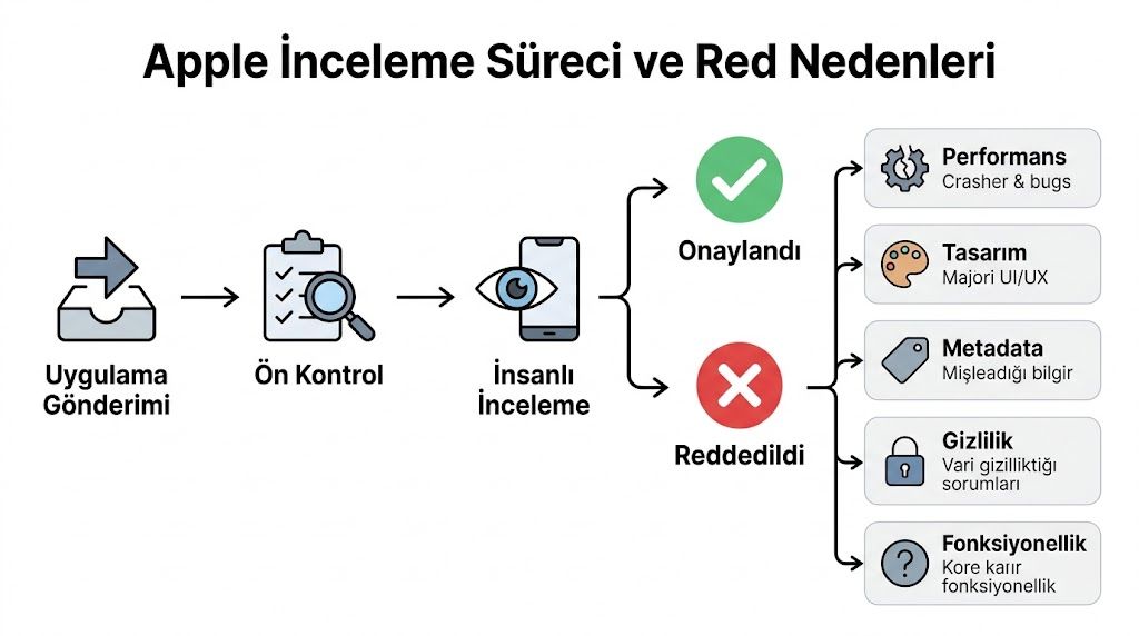 Apple uygulama inceleme sürecini ve reddedilme nedenlerini gösteren şematik bir infografik görseli.
