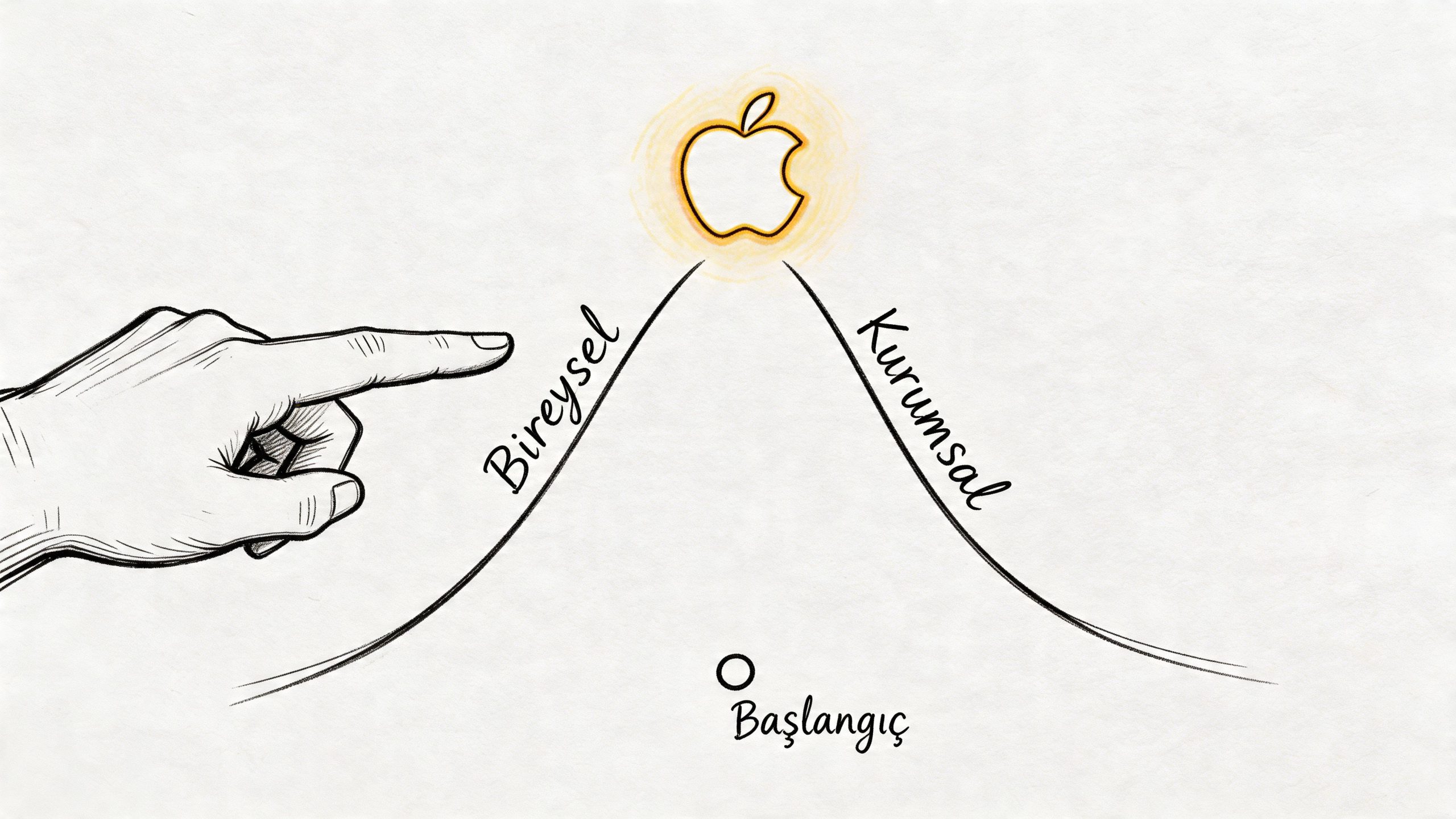 Bir elin işaret parmağıyla Apple logosunu gösterdiği, bireysel ve kurumsal seçenekleri anlatan illüstrasyon görseli.