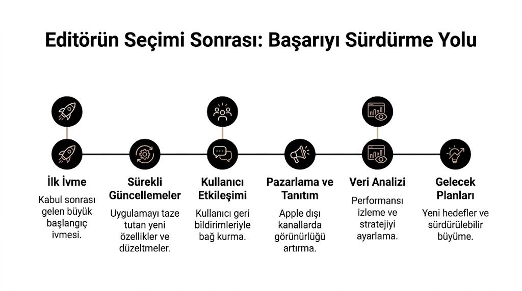 Editörün Seçimi sonrası başarıyı sürdürmek için izlenmesi gereken stratejik adımları gösteren bilgilendirici bir süreç şeması.
