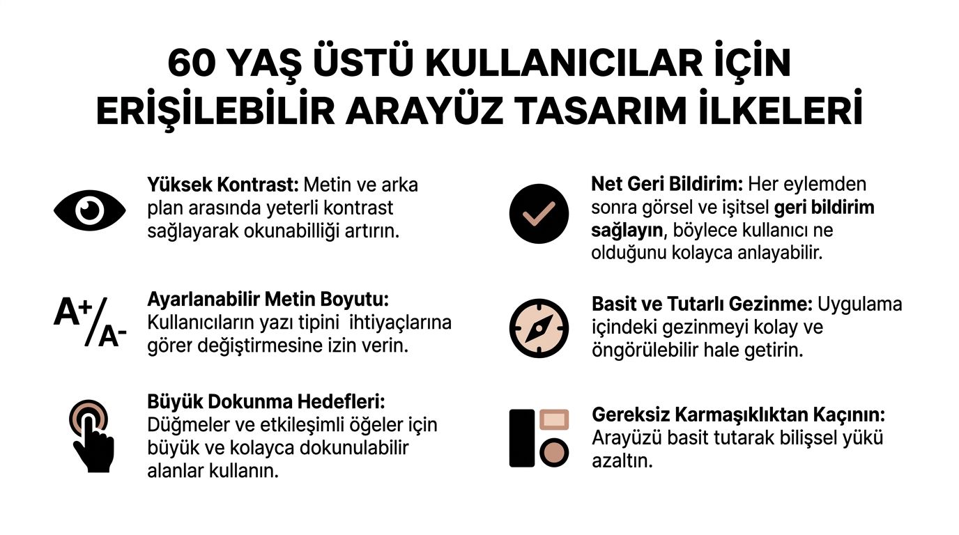 60 yaş üstü bireyler için erişilebilir ve kullanıcı dostu arayüz tasarımı ilkelerini gösteren bilgilendirici bir grafik.