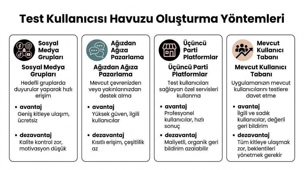 Test kullanıcısı havuzu oluşturmak için kullanılan sosyal medya, ağızdan ağıza pazarlama, üçüncü taraf platformlar ve mevcut kullanıcı tabanı yöntemleri.