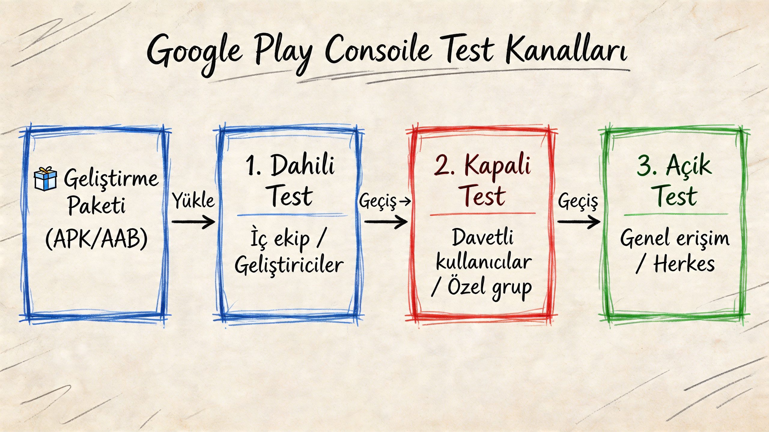Google Play Console test kanalları sürecini gösteren, dahili, kapalı ve açık test aşamalarını açıklayan şematik bir görsel.