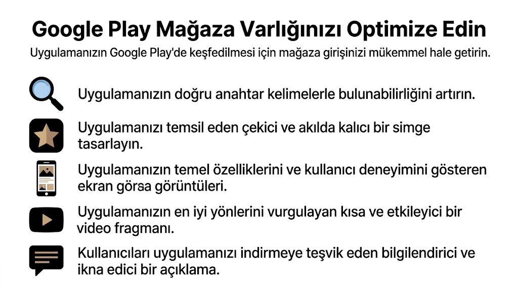 Google Play uygulama mağazası varlığını optimize etmek için izlenmesi gereken önemli adımları özetleyen bilgilendirici görsel