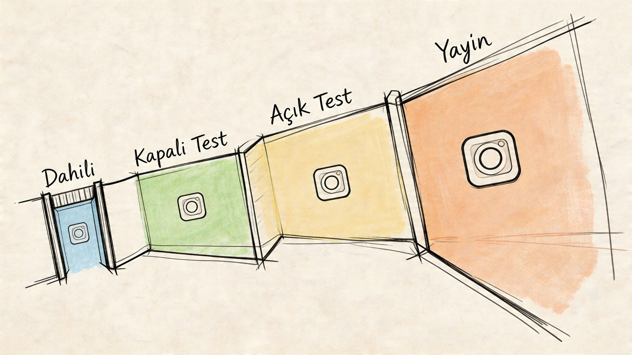 Google Play Store uygulama yayınlama sürecindeki dahili test, kapalı test, açık test ve canlı yayın aşamalarını gösteren çizim.