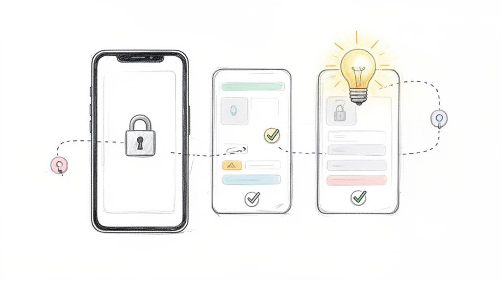 Akıllı telefonlar üzerinde güvenlik, fikir geliştirme ve süreç optimizasyonunu temsil eden çizim tabanlı dijital kullanıcı arayüzü görseli.
