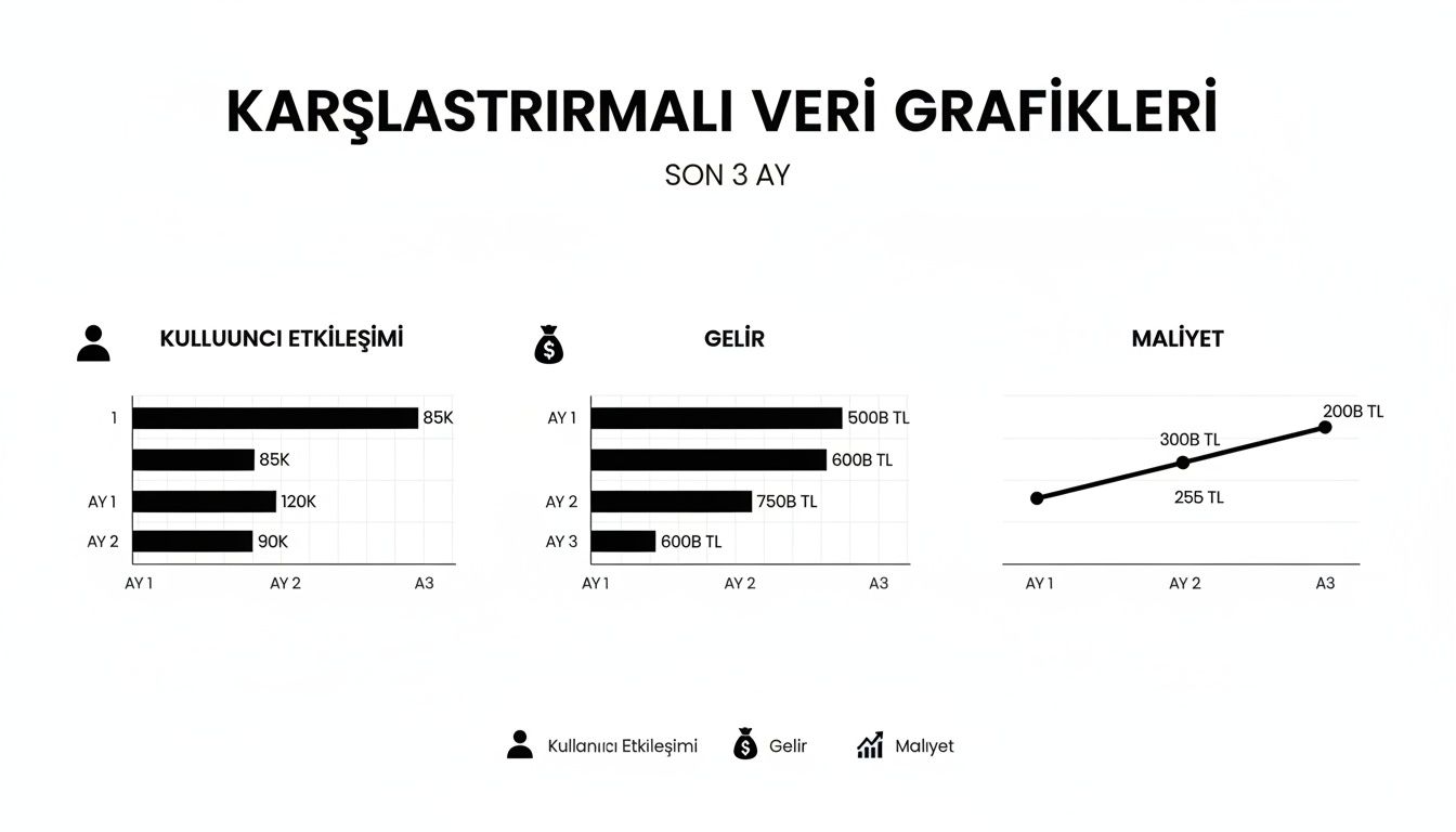 Son 3 aya ait kullanıcı etkileşimi, gelir ve maliyetin karşılaştırmalı veri grafikleri.