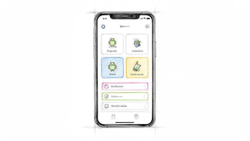 Bir akıllı telefon ekranında çizim halinde gösterilen mobil uygulama arayüzü, çeşitli uygulama simgeleri ve menü öğeleri.