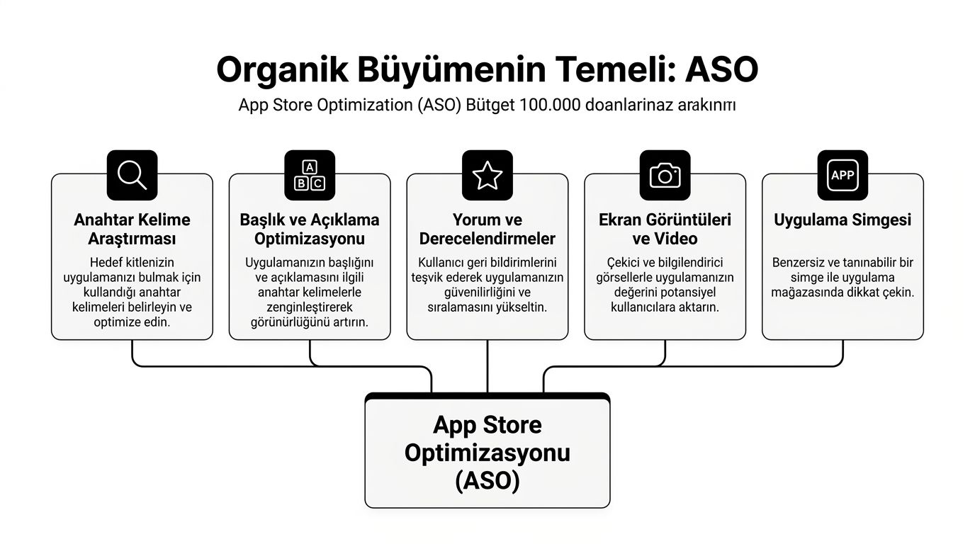 Organik büyüme ve App Store optimizasyonu için temel stratejileri ve uygulamaları açıklayan şematik bilgilendirme görseli.