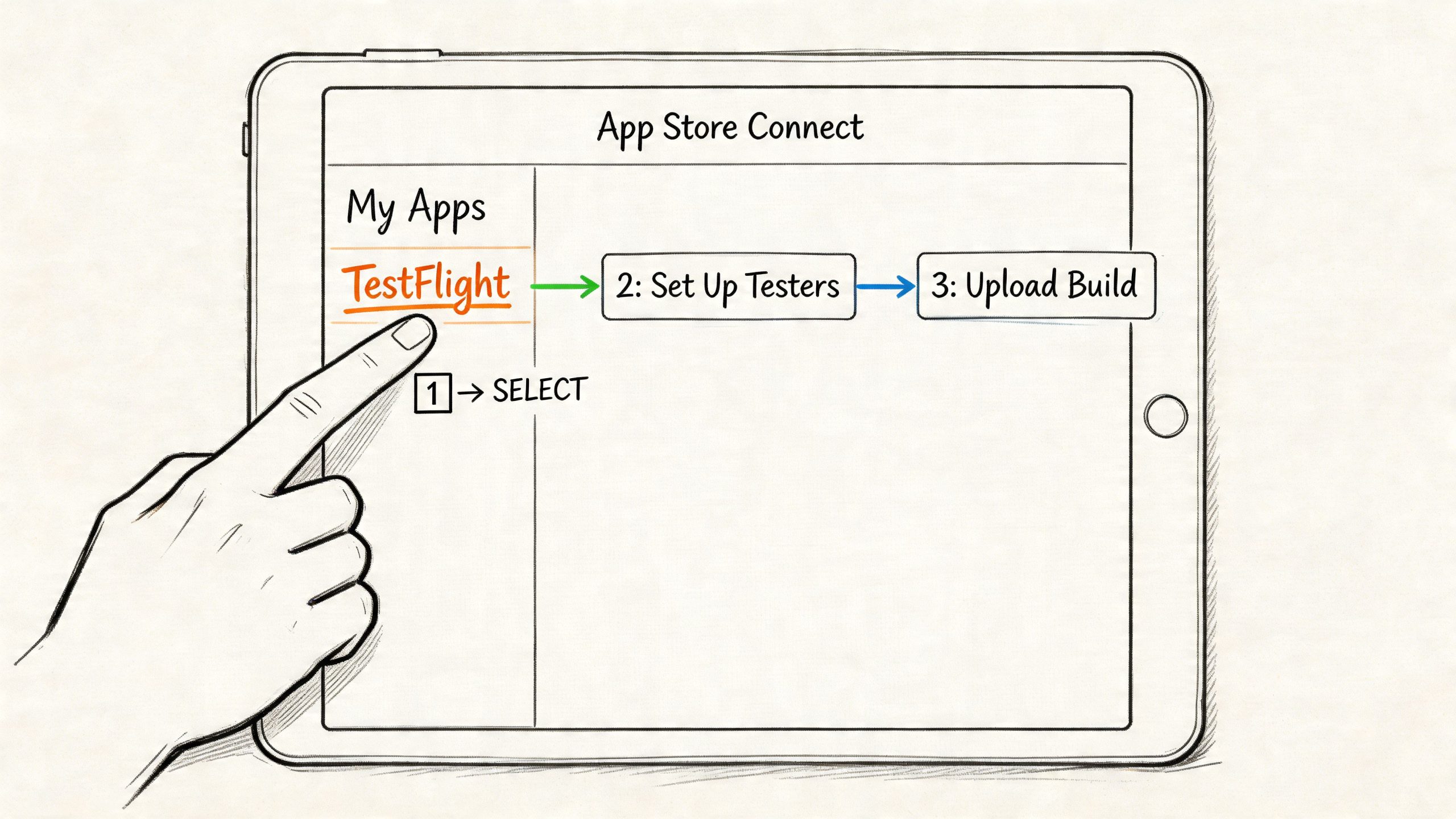 Bir tablet ekranında App Store Connect TestFlight menüsünün seçilerek test sürecinin adım adım gösterildiği çizim.