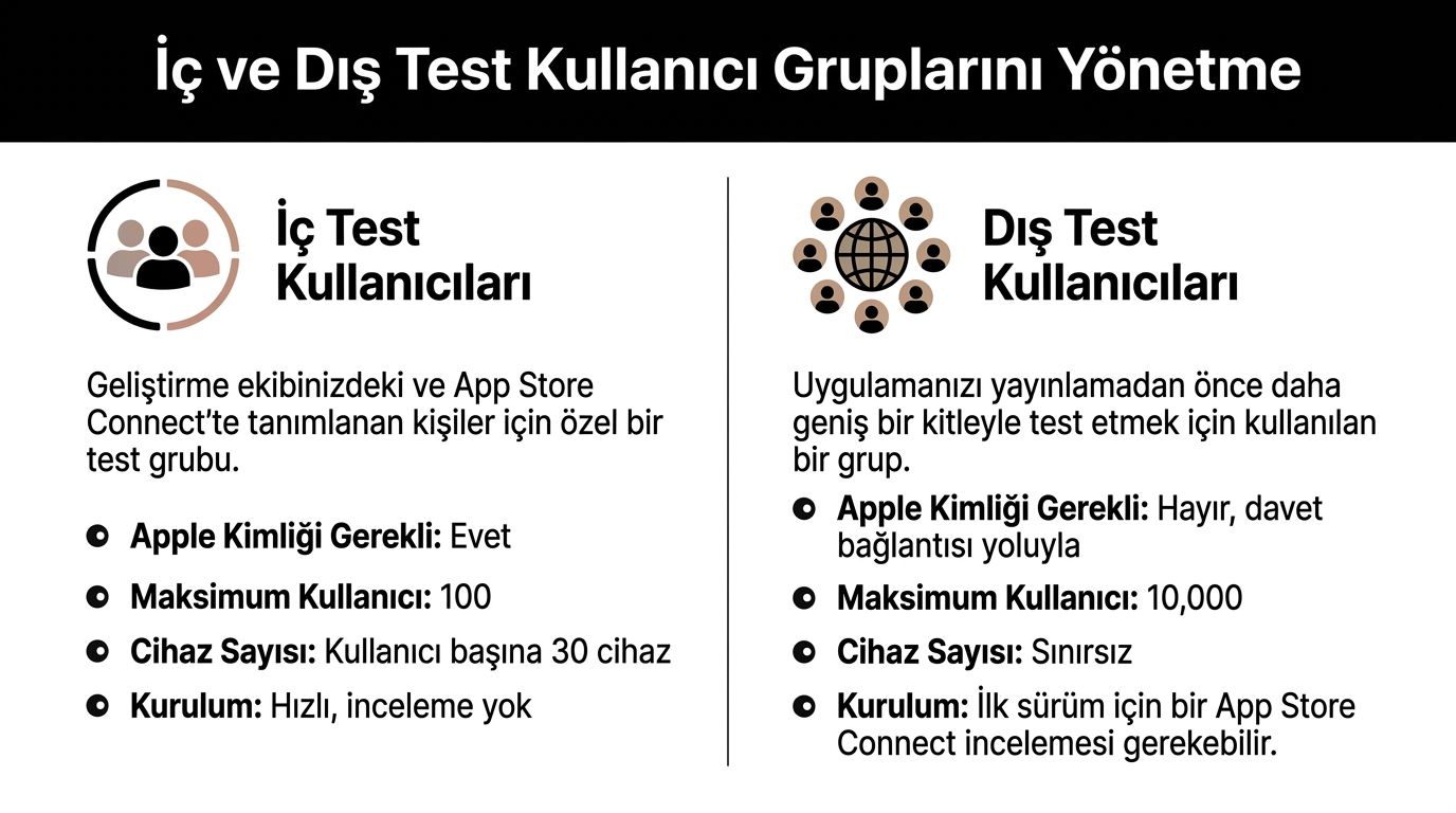 App Store Connect üzerinde iç ve dış test kullanıcı gruplarını yönetme rehberi ve temel özellikleri.