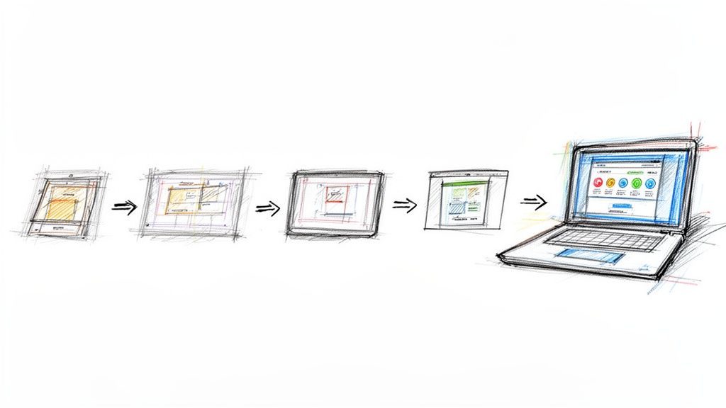 Bir fikrin aşamalı olarak taslaklardan detaylı bir web sitesi tasarımına dönüşüm sürecini gösteren el çizimi illüstrasyon.