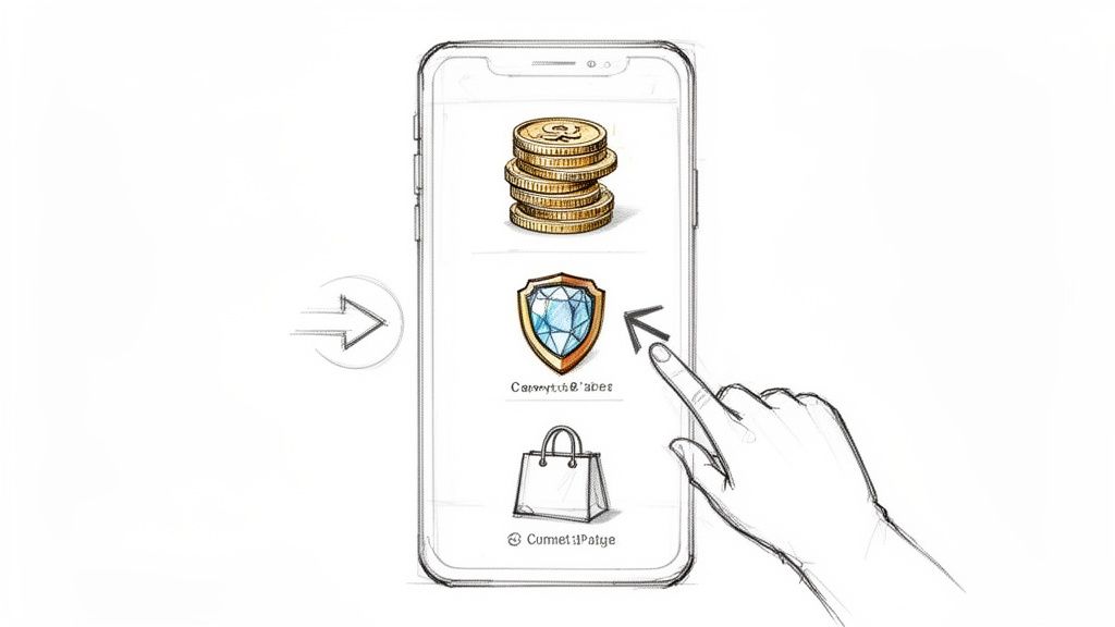 Telefon ekranında altın paralar, mücevherli kalkan ve alışveriş çantası simgeleri bulunan bir mobil uygulama arayüzünü gösteren çizim.