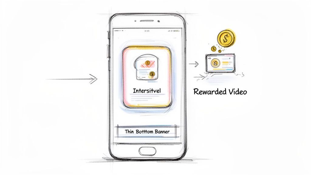 Mobil uygulama reklam gelir modellerini gösteren çizim: Geçiş reklamı, alt banner ve ödüllü video reklamı.