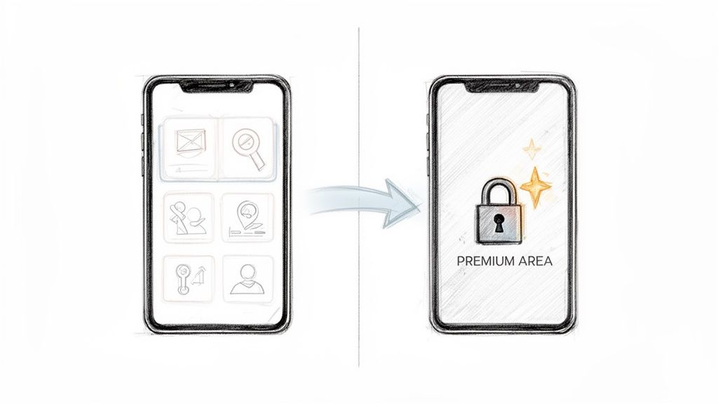 Bir mobil uygulamada kilitli içeriği veya premium alana erişimi gösteren bir konsept görseli.