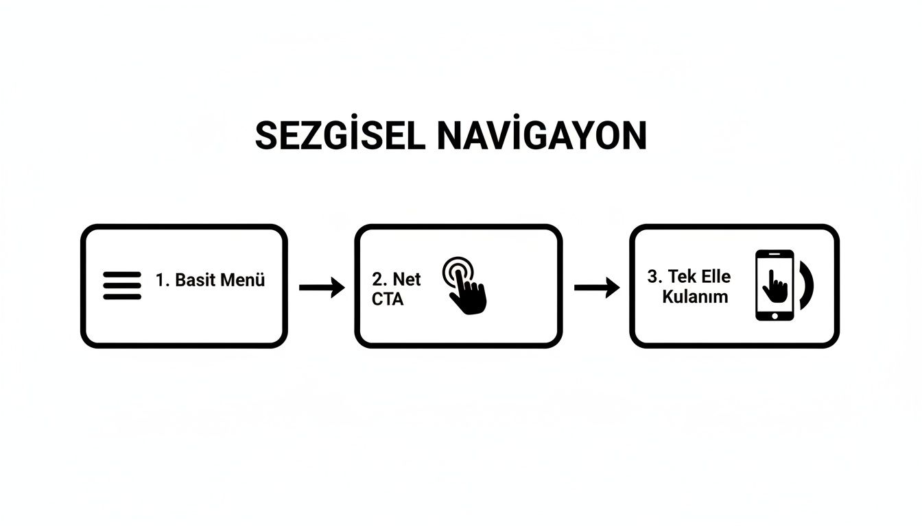 Sezgisel navigasyon prensiplerini gösteren bir akış şeması: basit menü, net çağrı ve tek elle kullanım.