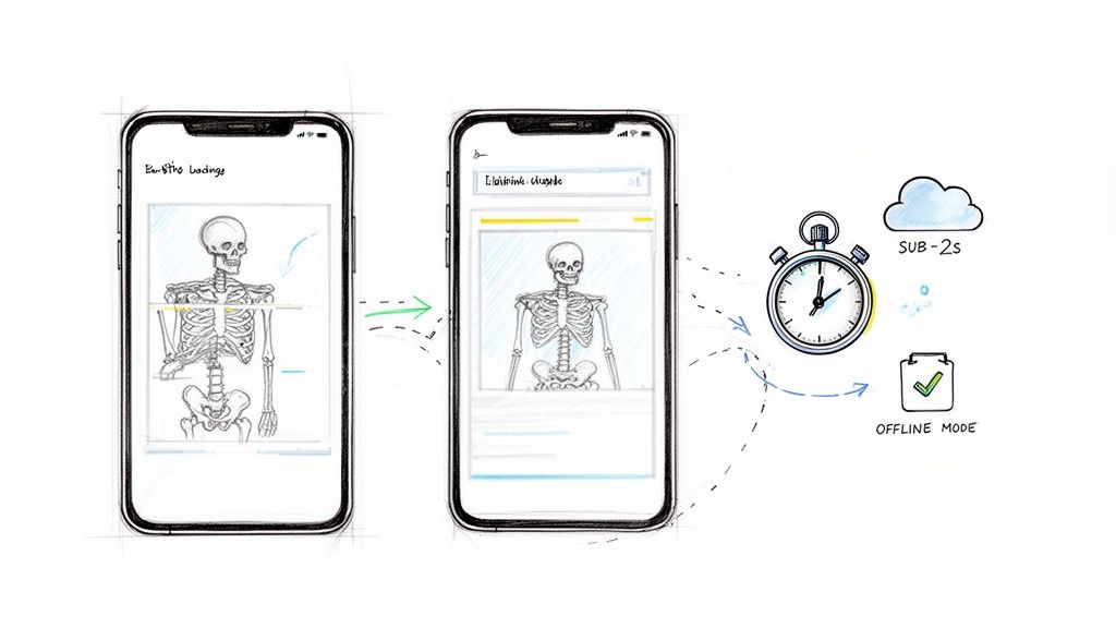 Mobil arayüzde iskelet yükleme ekranından tamamlanmış içeriğe geçiş, hızlı yükleme ve çevrimdışı modu gösteren çizim.