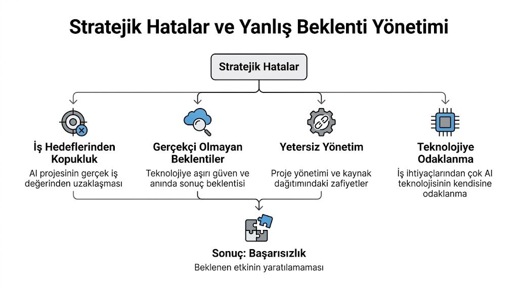 Stratejik hatalar ve yanlış beklenti yönetimi nedeniyle yapay zeka projelerinin başarısız olma sebeplerini gösteren bilgilendirici şema.